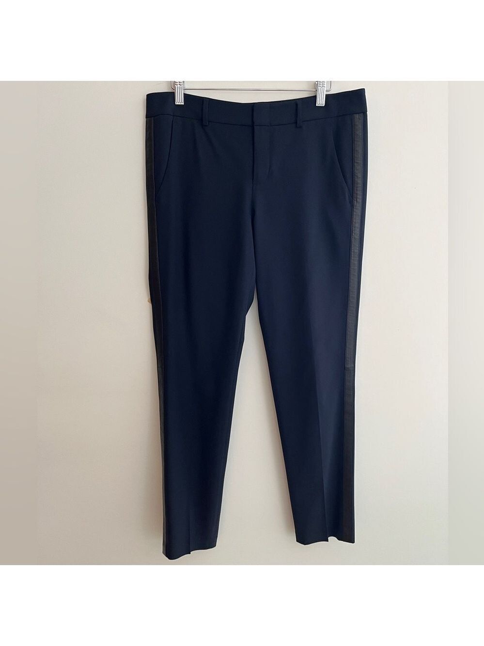 VINCE Lightweight Wool Dress Pants Leather Tuxedo Stripe Navy Blue Career Chic